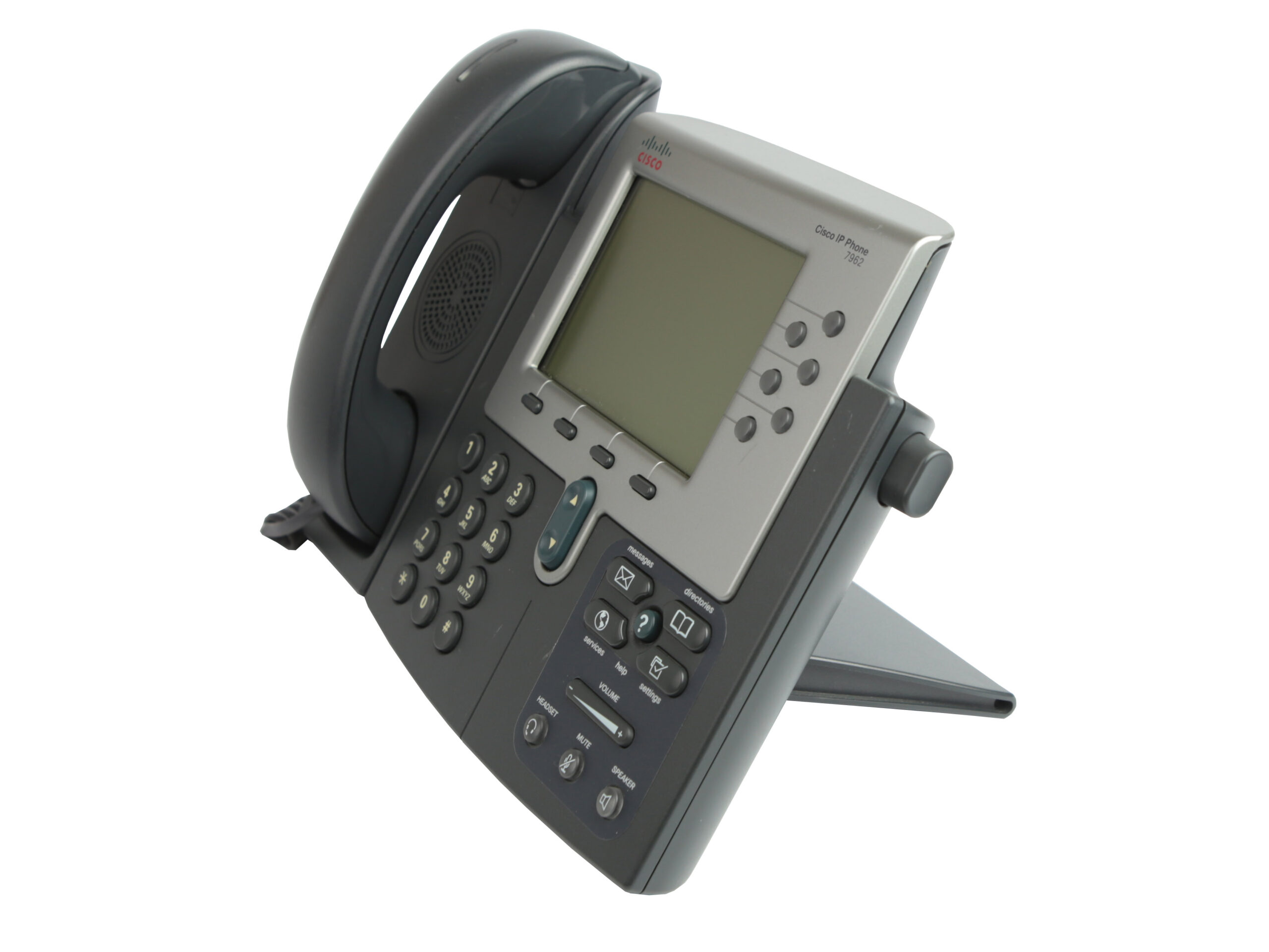 Telefon IP Cisco CP-7962G pod kątem z boku, widoczny wyświetlacz, klawiatura numeryczna i słuchawka na widełkach.