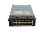 Moduł Cisco z dwoma rzędami po sześć portów RJ45 z zielonymi diodami, widoczny od przodu pod kątem.