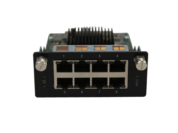 Moduł rozszerzeń Check Point z ośmioma portami RJ45 w czarnej obudowie i radiatorem chłodzącym z tyłu.