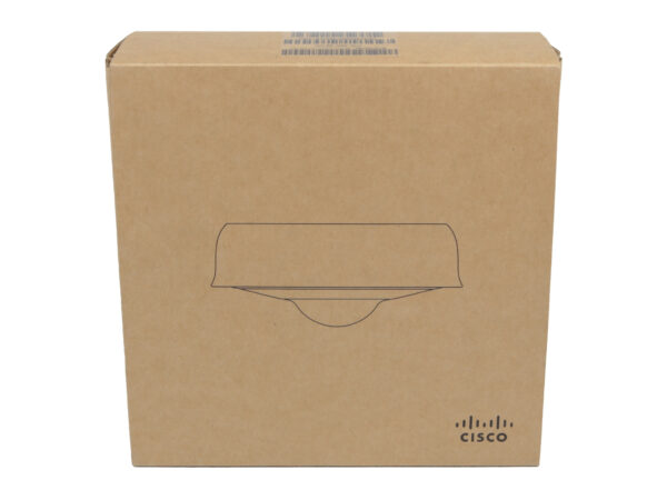 Zamknięte, nieotwierane kartonowe pudełko z logo Cisco i rysunkiem kamery kopułkowej na wieku.