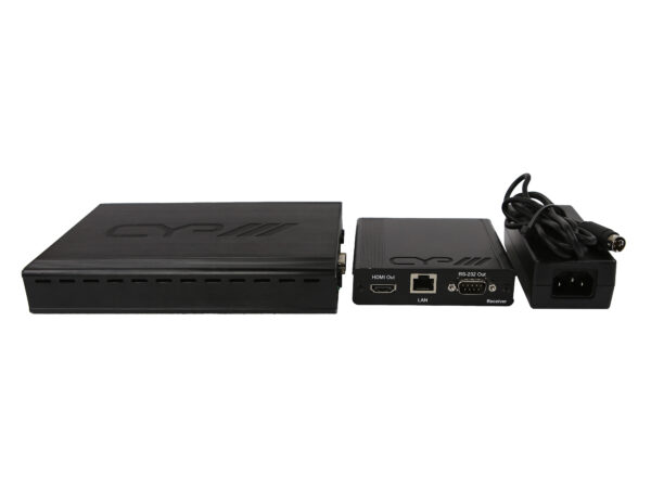 Zestaw CYP: prostokątna obudowa transmitera z otworami wentylacyjnymi po lewej, mniejszy odbiornik z portami HDMI i D-Sub oraz zasilacz sieciowy po prawej.