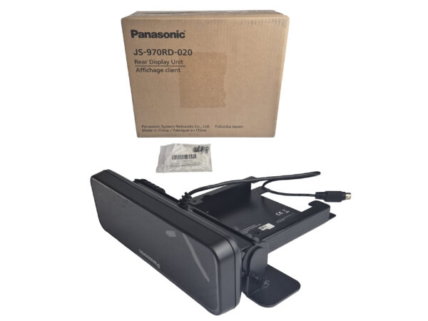 Wyświetlacz klienta Panasonic JS-970RD-020 z kablem obok oryginalnego kartonu producenta.
