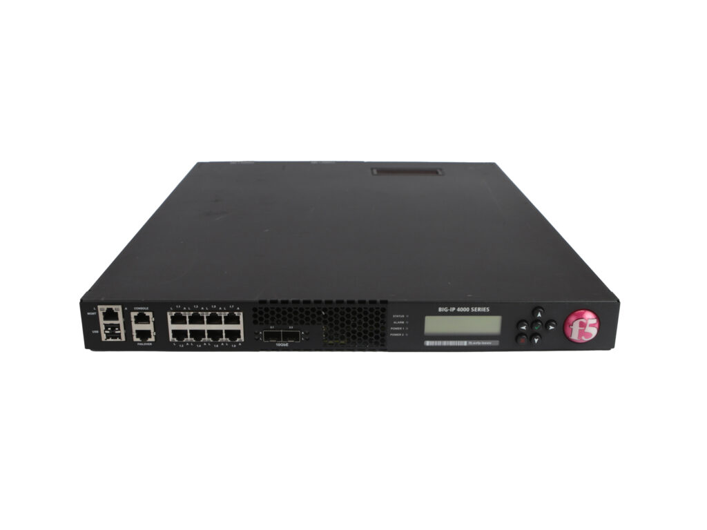 Przód urządzenia F5 4000S z rzędami portów RJ45 i SFP+, panelem diod LED oraz otworami wentylacyjnymi po prawej stronie.
