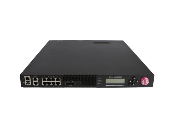 Przód urządzenia F5 4000S z rzędami portów RJ45 i SFP+, panelem diod LED oraz otworami wentylacyjnymi po prawej stronie.