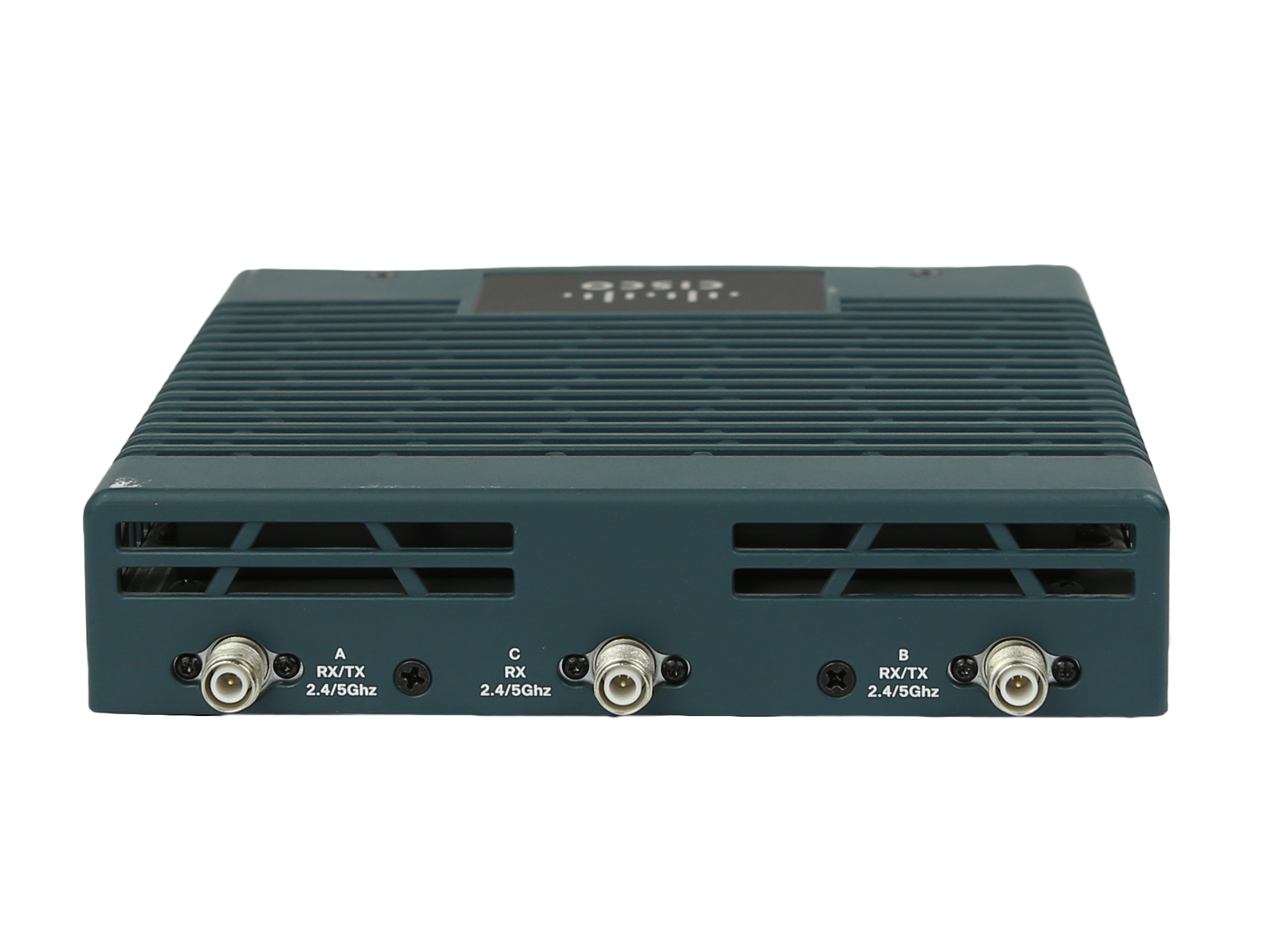 Router Cisco widziany od góry pod kątem, ciemna obudowa z trzema złączami antenowymi z przodu.