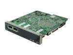 Moduł Fortinet z odsłoniętą zieloną płytką elektroniczną i czarnym panelem czołowym z dwoma portami sieciowymi.