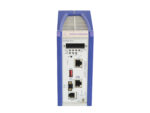 Przedni panel routera Hirschmann EagleOne w niebiesko-szarej obudowie z diodami LED, portem USB i dwoma złączami RJ45.
