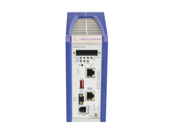 Przedni panel routera Hirschmann EagleOne w niebiesko-szarej obudowie z diodami LED, portem USB i dwoma złączami RJ45.