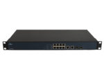 Przedni panel switcha EtherWAN z rzędem 8 portów RJ45, diodami LED i uszami montażowymi do szafy rack.