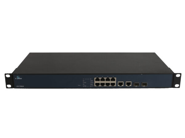 Przedni panel switcha EtherWAN z rzędem 8 portów RJ45, diodami LED i uszami montażowymi do szafy rack.