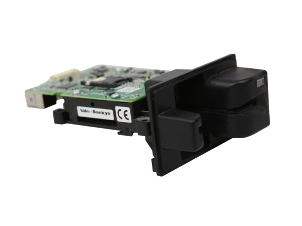 Czytnik kart magnetycznych Nidec Sankyo z widoczną płytką elektroniczną, szczeliną na kartę i czarną obudową montażową.