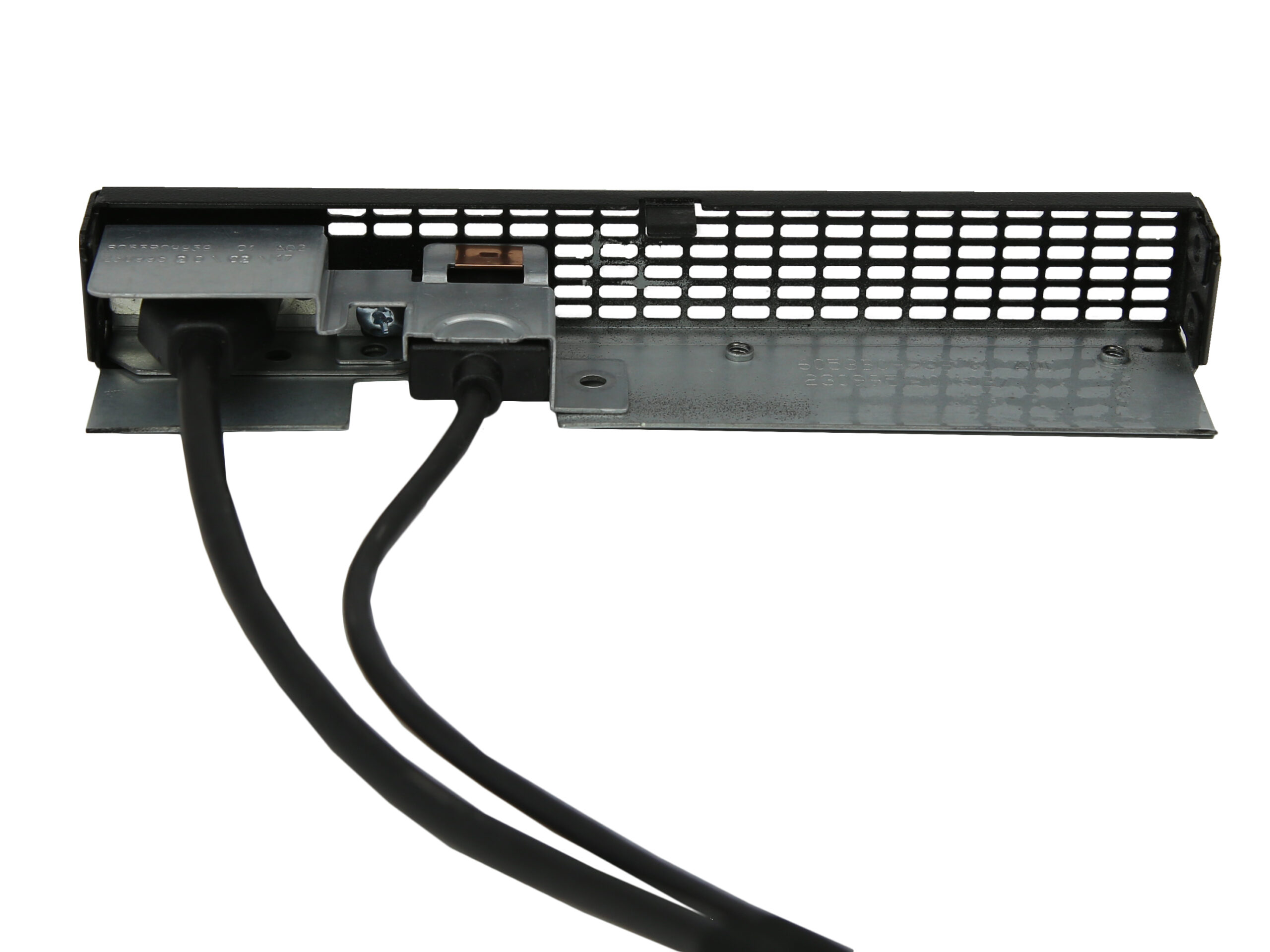 Moduł Flex-Bay USB/VGA do serwera HP ProLiant, czarna wnęka z perforowaną kratką i dwoma wychodzącymi kablami.
