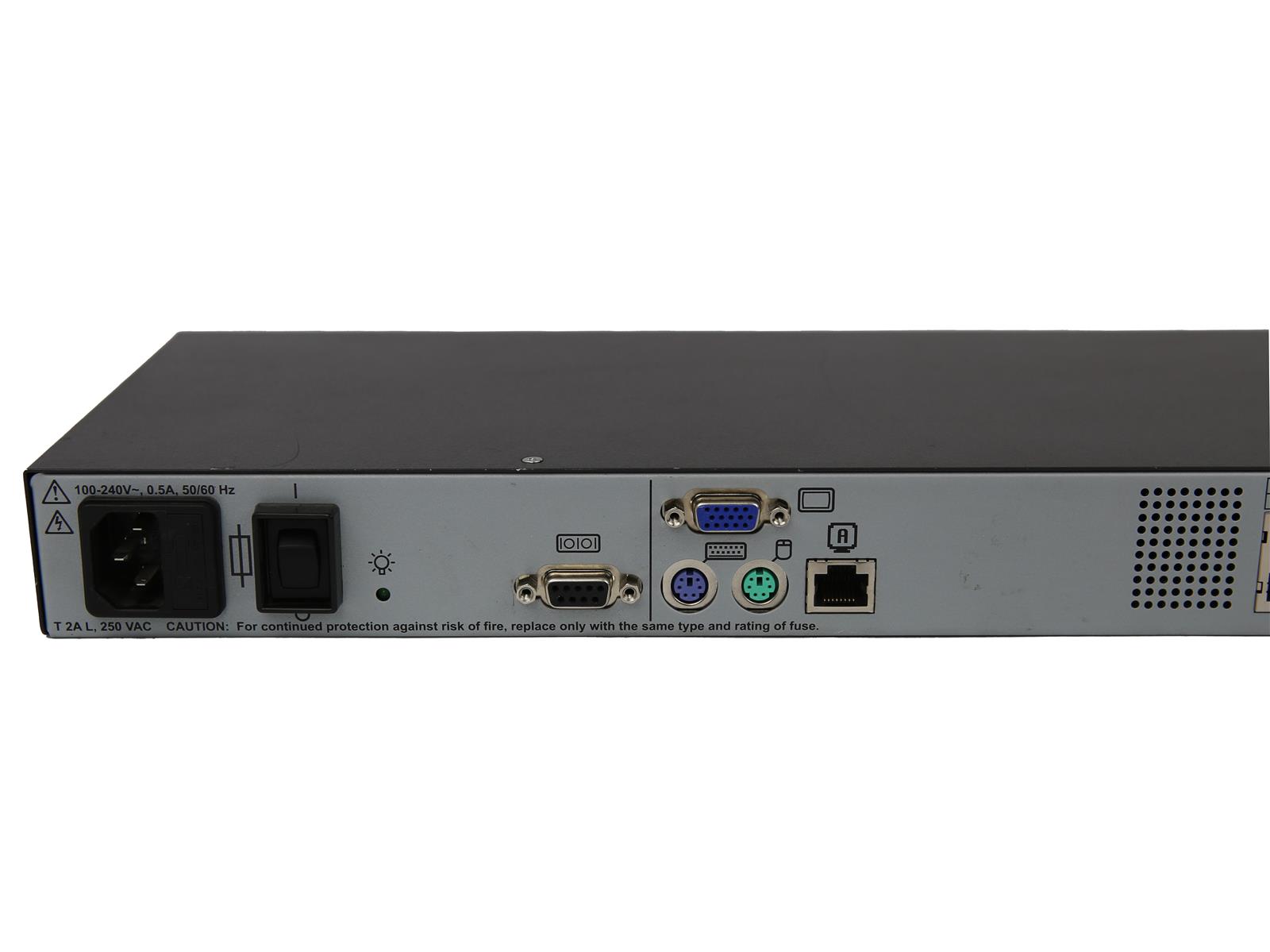 Tylny panel przełącznika KVM HP z gniazdem zasilania, portem VGA, PS/2 i RJ-45 oraz przełącznikiem sieciowym.