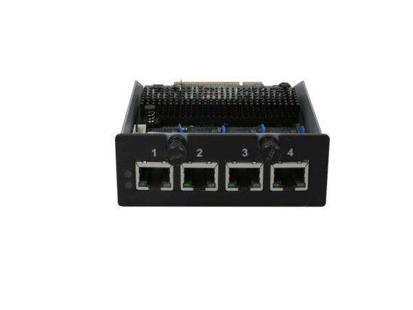 Moduł sieciowy Portwell ABN-484 z widocznym panelem czterech ponumerowanych portów RJ45 i złączem od spodu