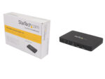 Pudełko StarTech obok czarnej obudowy przełącznika HDMI z przyciskami na górnej powierzchni.