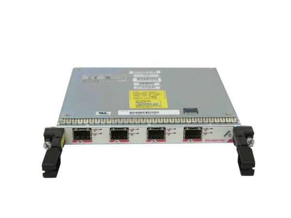 Moduł Cisco SPA-4XOC3-POS z czterema portami sieciowymi na przednim panelu i metalowymi uchwytami montażowymi po bokach