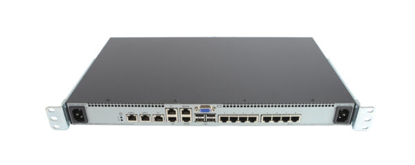 Przedni panel przełącznika KVM HP w obudowie rack 1U z ośmioma portami RJ45 i portem VGA po lewej stronie.