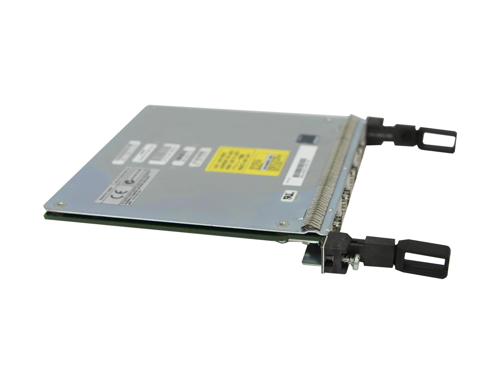 Karta modułu Cisco z widocznymi płytkami elektronicznymi i dwiema czarnymi dźwigniami wysuwającymi po bokach.