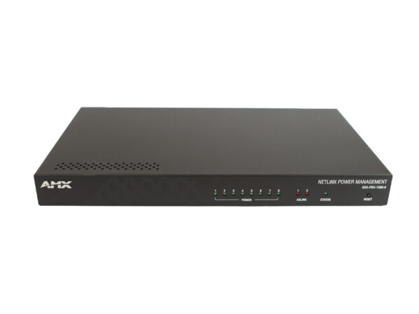 Przedni panel listwy AMX NetLinx Power Management z rzędem przycisków i diod, obudowa czarna bez widocznych uszkodzeń.