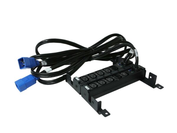 Listwa PDU HP z rzędem pięciu gniazd C13 i dwoma kablami zasilającymi z niebieskimi wtyczkami