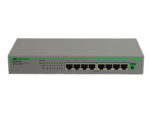 Przedni panel switcha Allied Telesis z ośmioma portami RJ45 i rzędem diod LED nad nimi