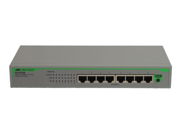 Przedni panel switcha Allied Telesis z ośmioma portami RJ45 i rzędem diod LED nad nimi