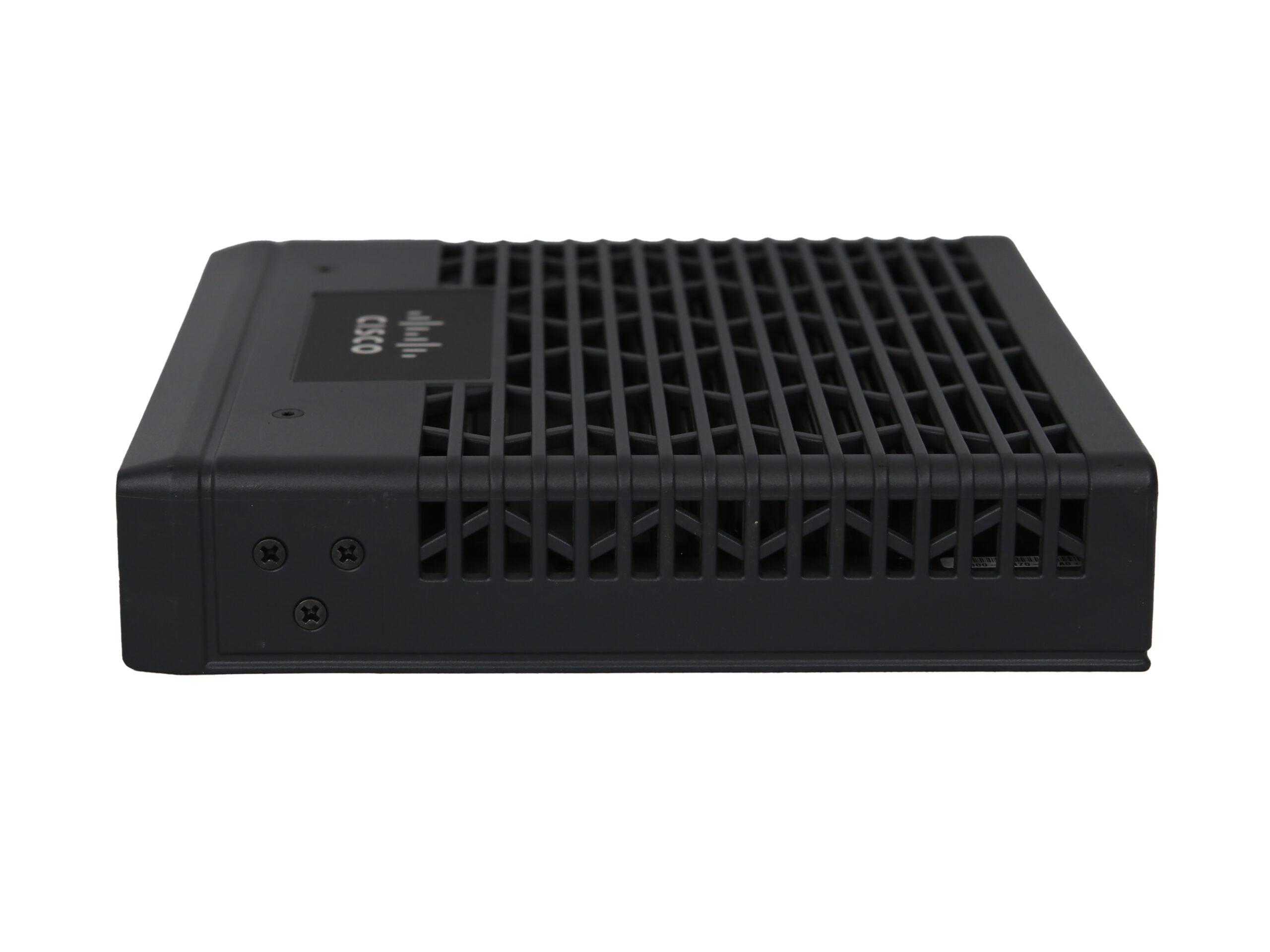 Router Cisco widziany z boku, z perforowaną kratką wentylacyjną na górnej pokrywie czarnej obudowy.