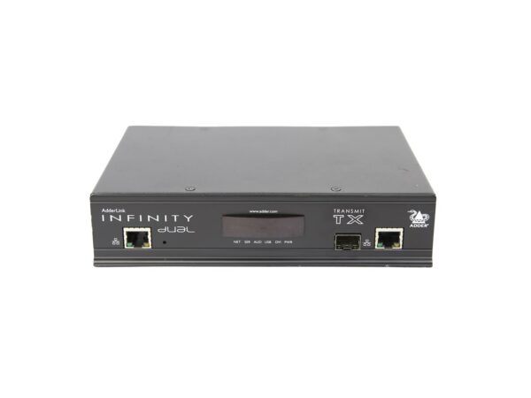 Przedni panel urządzenia Adder AdderLink Infinity z portem RJ45, gniazdem zasilania i wyświetlaczem LCD.