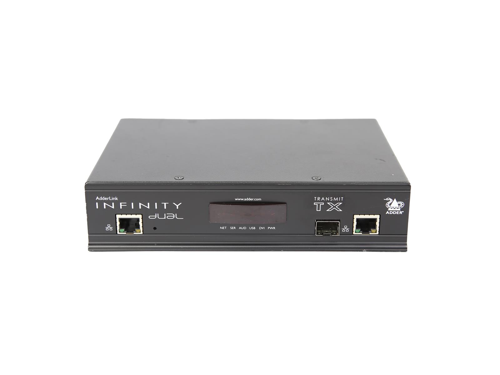 Przedni panel urządzenia Adder AdderLink Infinity z portem RJ45, gniazdem zasilania i wyświetlaczem LCD.