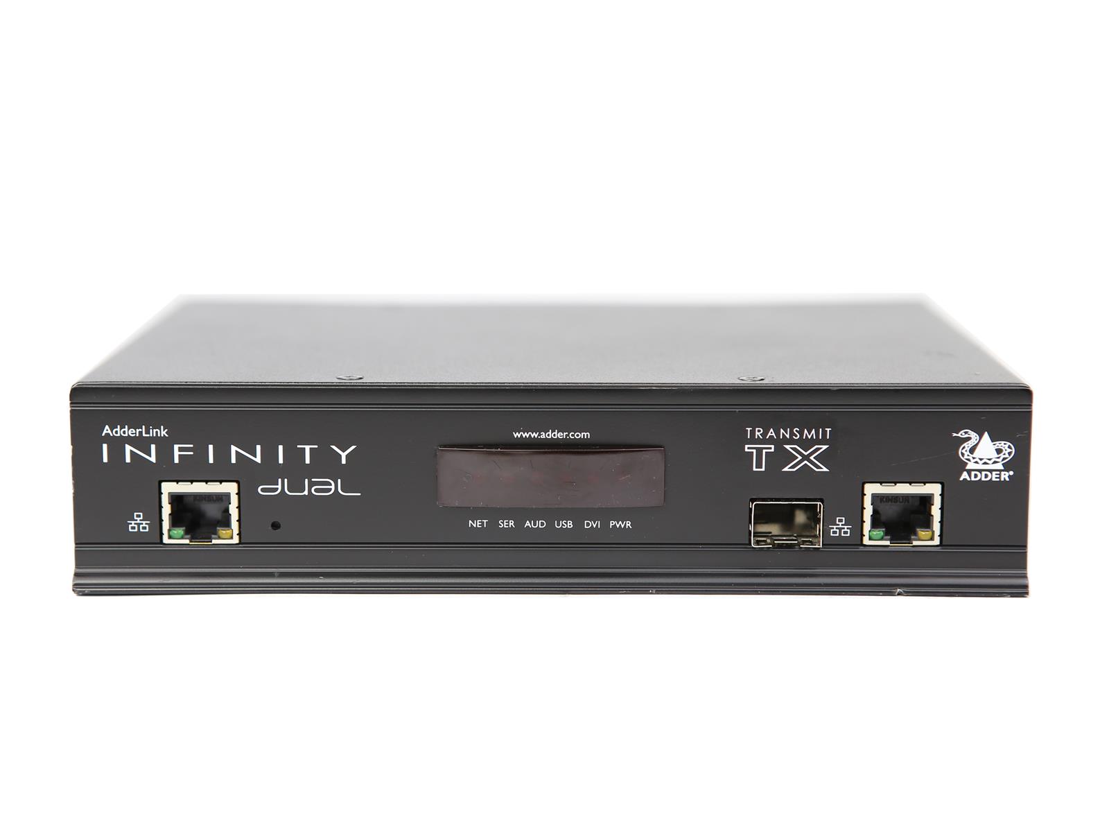 Przód nadajnika Adder AdderLink Infinity Dual z wyświetlaczem, portami RJ45 oraz USB-B po prawej stronie.