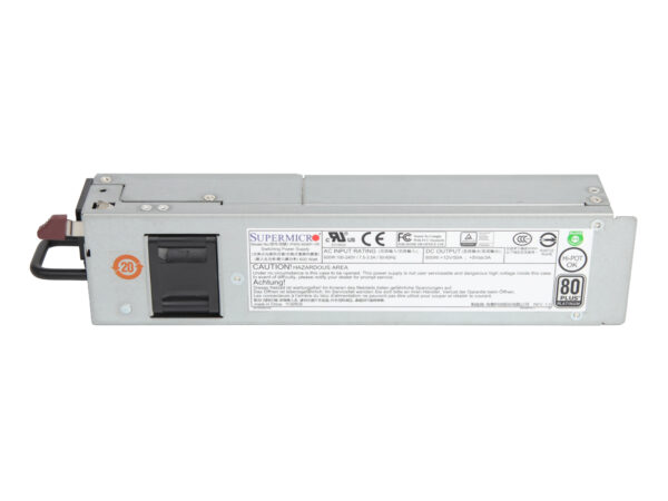 Zasilacz Supermicro hot-swap widziany z boku, srebrna obudowa z etykietą znamionową i uchwytem wysuwu z przodu.