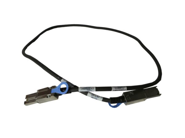 Kabel SAS z dwoma różnymi złączami na końcach, oplot czarny z niebieskim uchwytem i naklejkami z opisem na przewodzie.