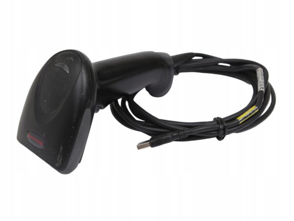 Czarny czytnik kodów kreskowych Honeywell Hyperion 1300g z podłączonym zwiniętym kablem USB