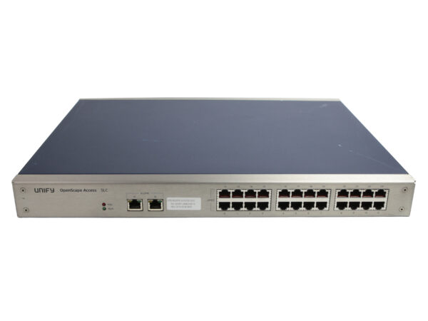 Przód urządzenia Unify OpenScape Access z widocznymi dwoma rzędami portów RJ-45, obudowa w kolorze srebrno-szarym.
