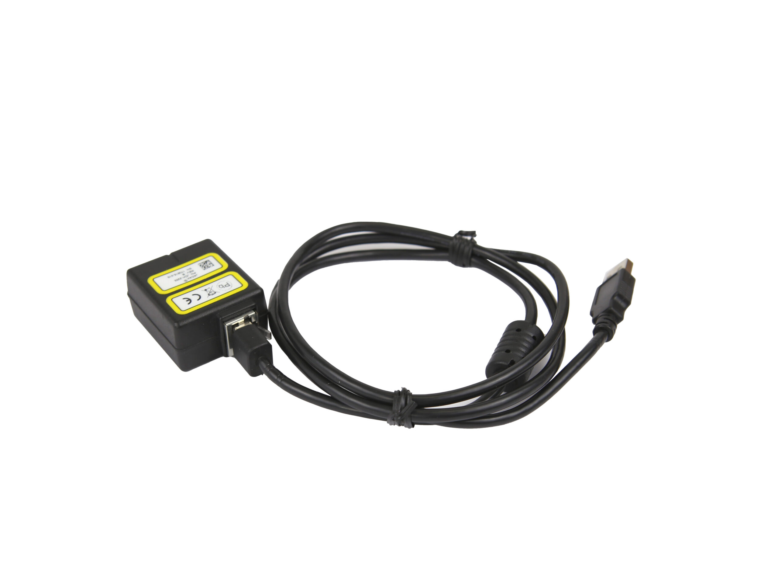 Czarny skaner kodów Jadak JDK-2255 z podłączonym zwiniętym kablem USB zakończonym złączem, na białym tle