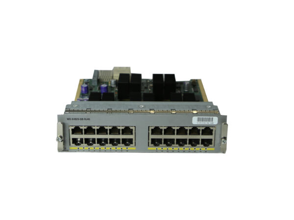 Moduł Cisco z dwoma rzędami po dziesięć portów RJ-45, widoczna płyta elektroniczna od góry i metalowa obudowa
