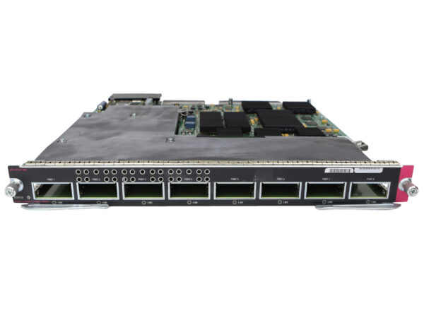 Moduł Cisco WS-X6708-10GE z przodu, widoczne osiem gniazd portów X2 w rzędzie i śruby montażowe po bokach.