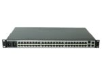 Przód console servera MRV LX-4048T z czterema rzędami portów RJ45 i uszami montażowymi do szafy rack.