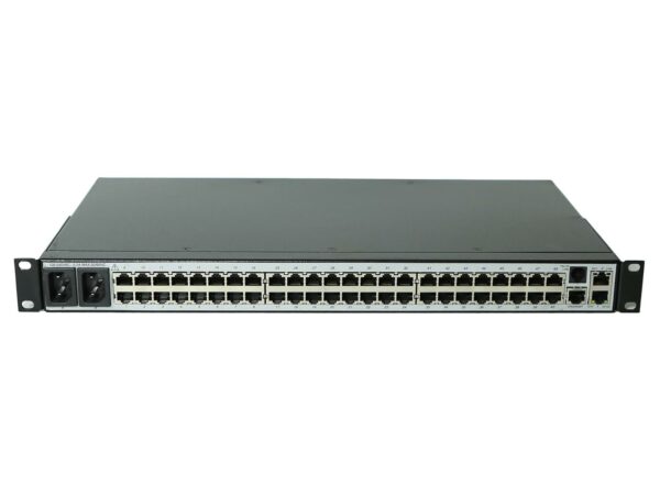 Przód console servera MRV LX-4048T z czterema rzędami portów RJ45 i uszami montażowymi do szafy rack.
