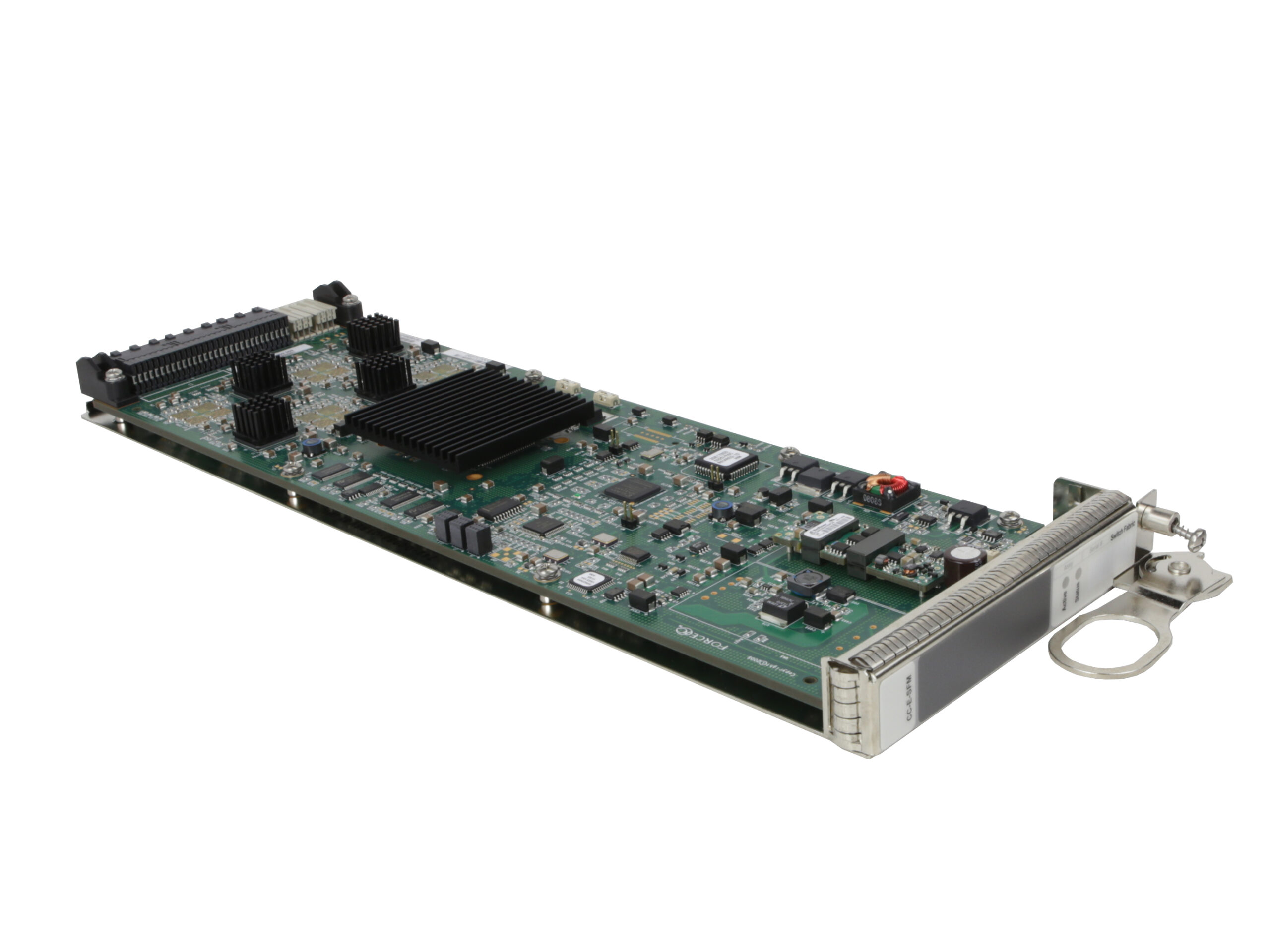 Moduł Dell Force10 CC-E-SFM z odsłoniętą płytą elektroniczną, widoczne układy scalone i złącze na krótszym boku.