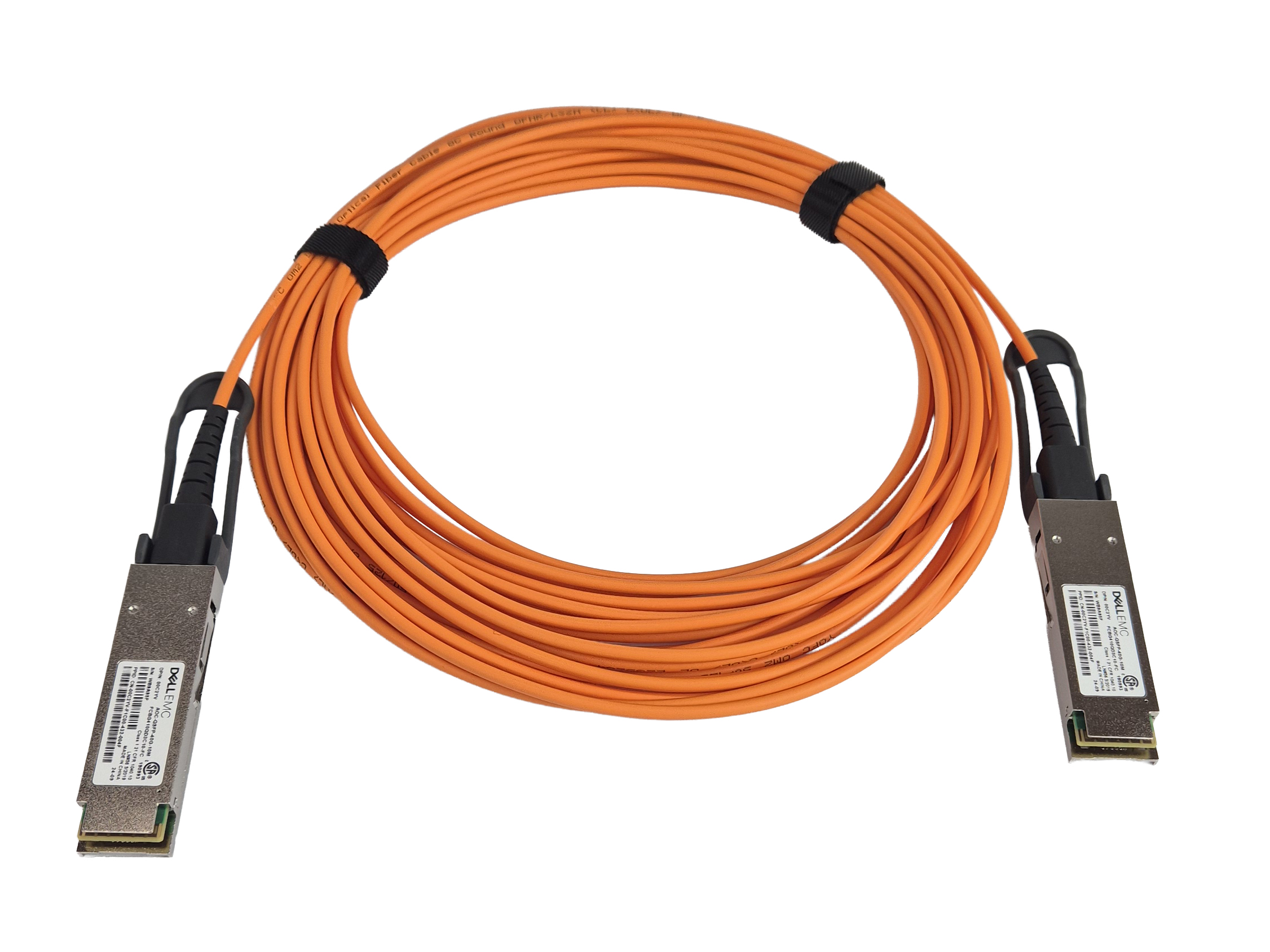 Pomarańczowy kabel światłowodowy AOC z dwoma złączami QSFP+ na końcach, zwinięty i spięty opaskami.