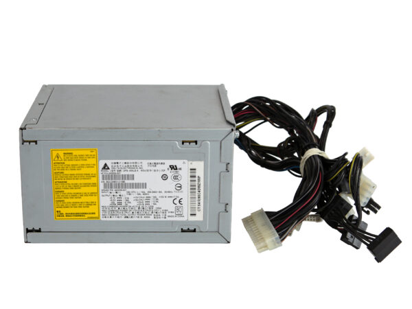 Zasilacz Delta Electronics 650W w metalowej obudowie z rozplecioną wiązką kabli i licznymi złączami zasilającymi.