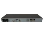 Tylny panel przełącznika KVM HP z rzędem ośmiu portów RJ-45, złączem VGA, PS/2 oraz gniazdem zasilania.