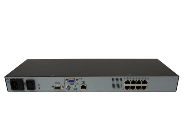 Tylny panel przełącznika KVM HP z rzędem ośmiu portów RJ-45, złączem VGA, PS/2 oraz gniazdem zasilania.