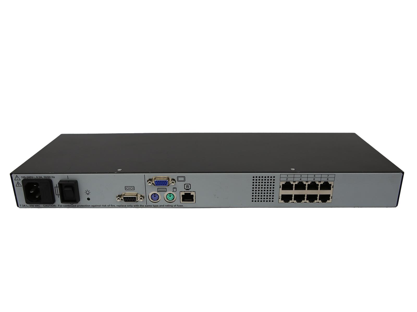 Tylny panel przełącznika KVM HP z rzędem ośmiu portów RJ-45, złączem VGA, PS/2 oraz gniazdem zasilania.