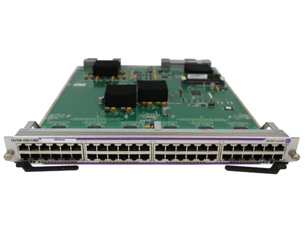 Karta liniowa Alcatel-Lucent z 48 portami RJ45 w czterech rzędach, płytka elektroniczna widoczna z góry.