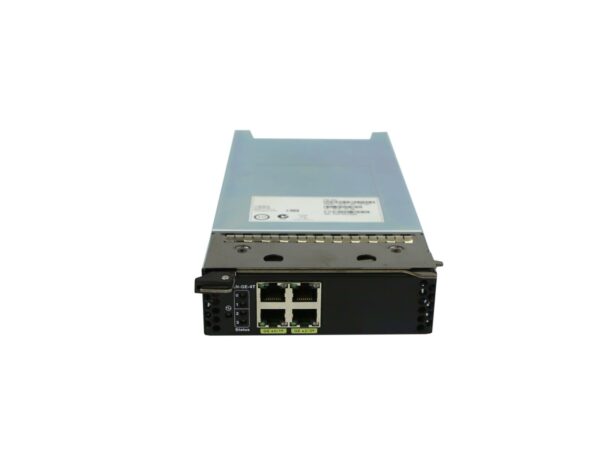Moduł Cisco WAVE-INLN-GE-4T pod kątem z boku, widoczne cztery porty RJ-45 na przednim panelu i etykieta na górze obudowy