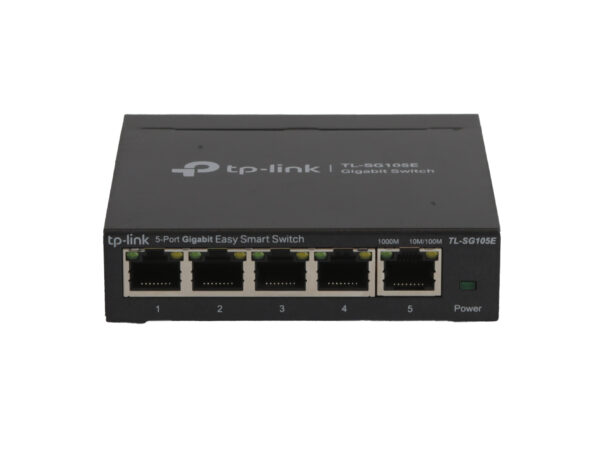 Przód switcha TP-Link TL-SG105E z pięcioma portami RJ45 i diodami LED, czarna obudowa bez śladów uszkodzeń.