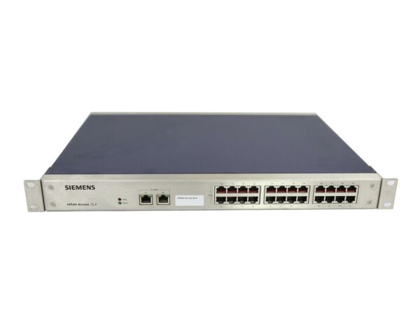 Przedni panel switcha Siemens HiPath z rzędem portów RJ45 i uszami montażowymi do szafy rack.
