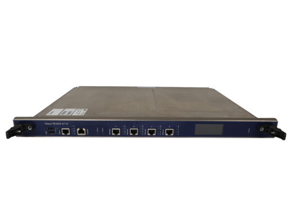 Widok z przodu modułu Cisco MSE 8710 z czterema portami RJ45, wyświetlaczem LCD i uchwytami montażowymi do szafy rack.